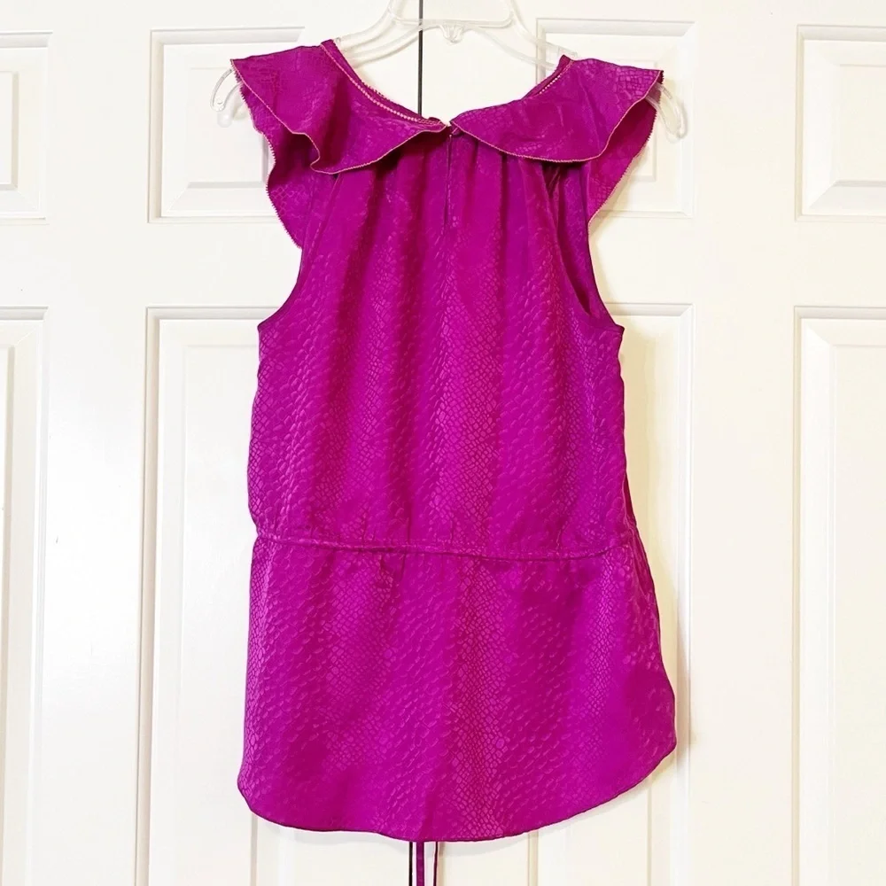 Rebecca Taylor sleeveless v-neck 100% silk flounce blouse w/ waist tie. Size 10 - Picture 3 of 16